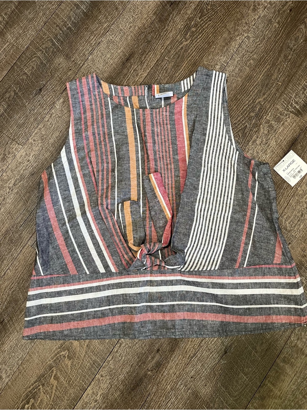 Liz Claiborne Multistripe Tie-Front Tank in Blue, Coral and Mustard